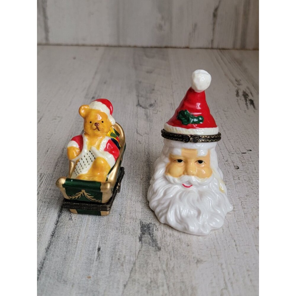 Vintage mini trinket box santa claus face bear sled figure‎ xmas